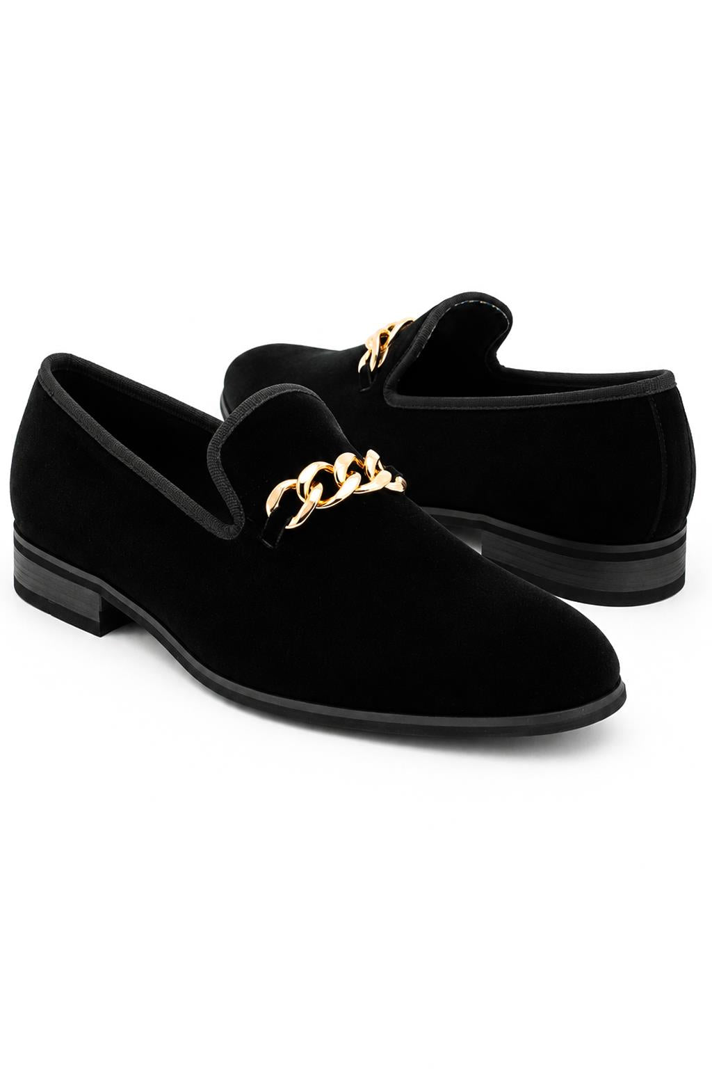 Men's Black Smooth Velvet Gold Chain Dress Loafers