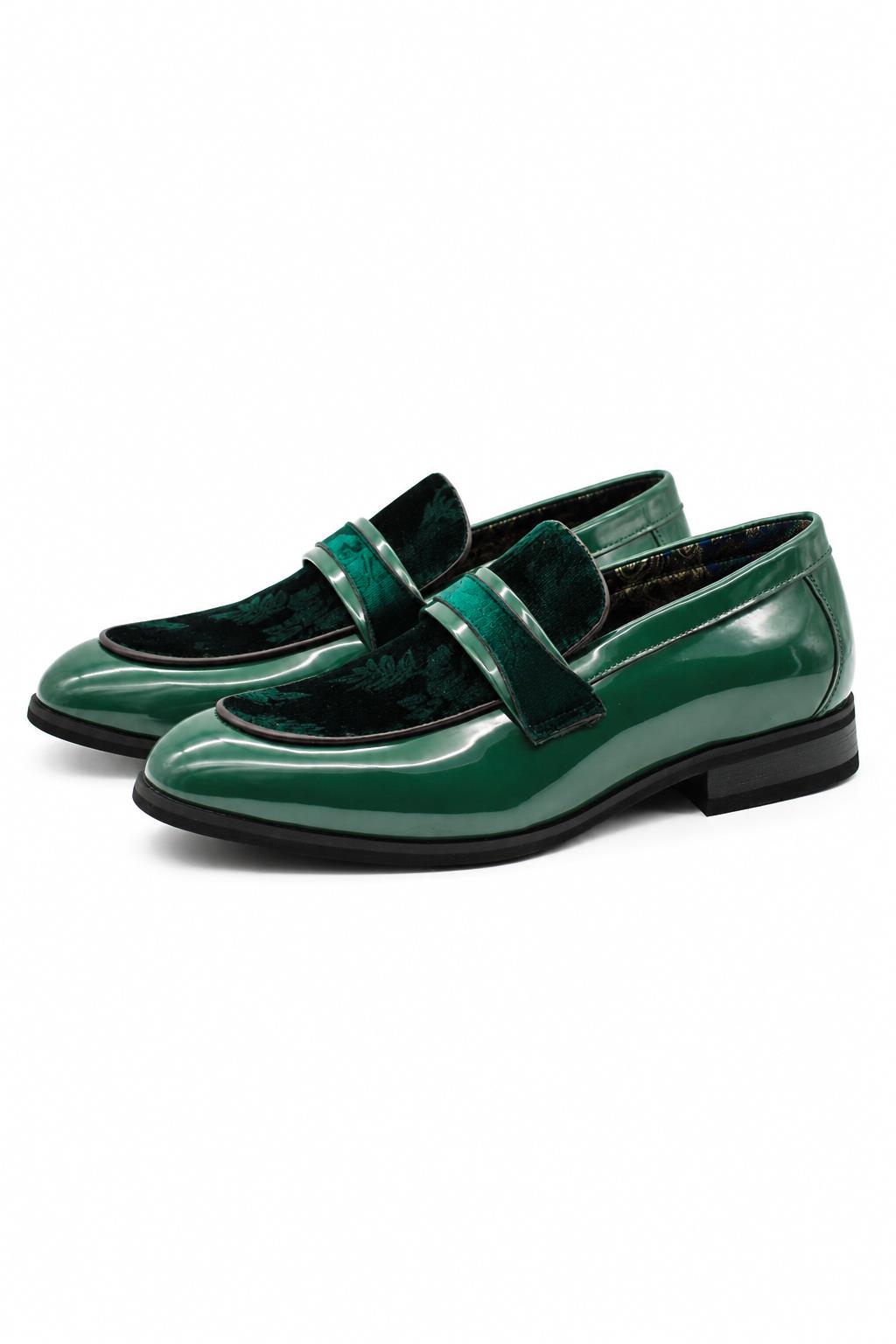 Men's Green Floral Velvet Patent Dress Loafers