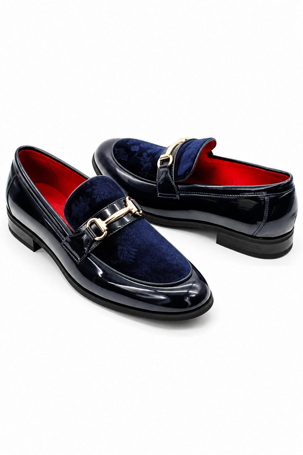 Men's Navy Floral Velvet Patent Snaffle Dress Loafers