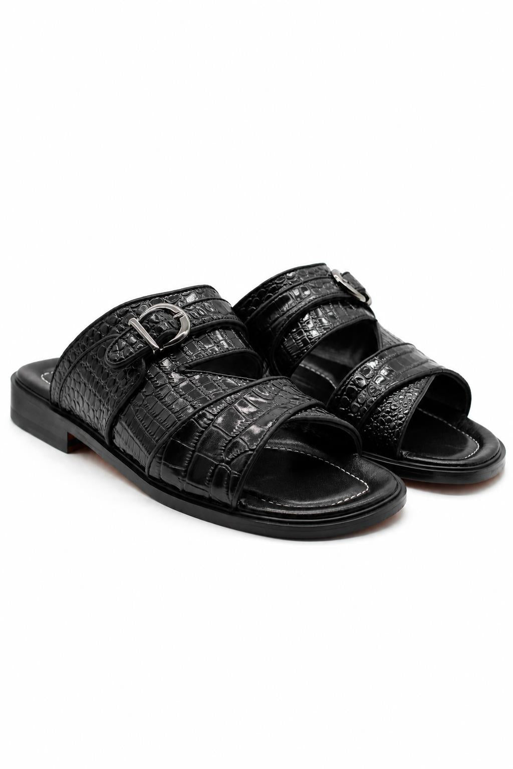Men’s Ade 2 Black Handmade Real Leather Embossed Sandals