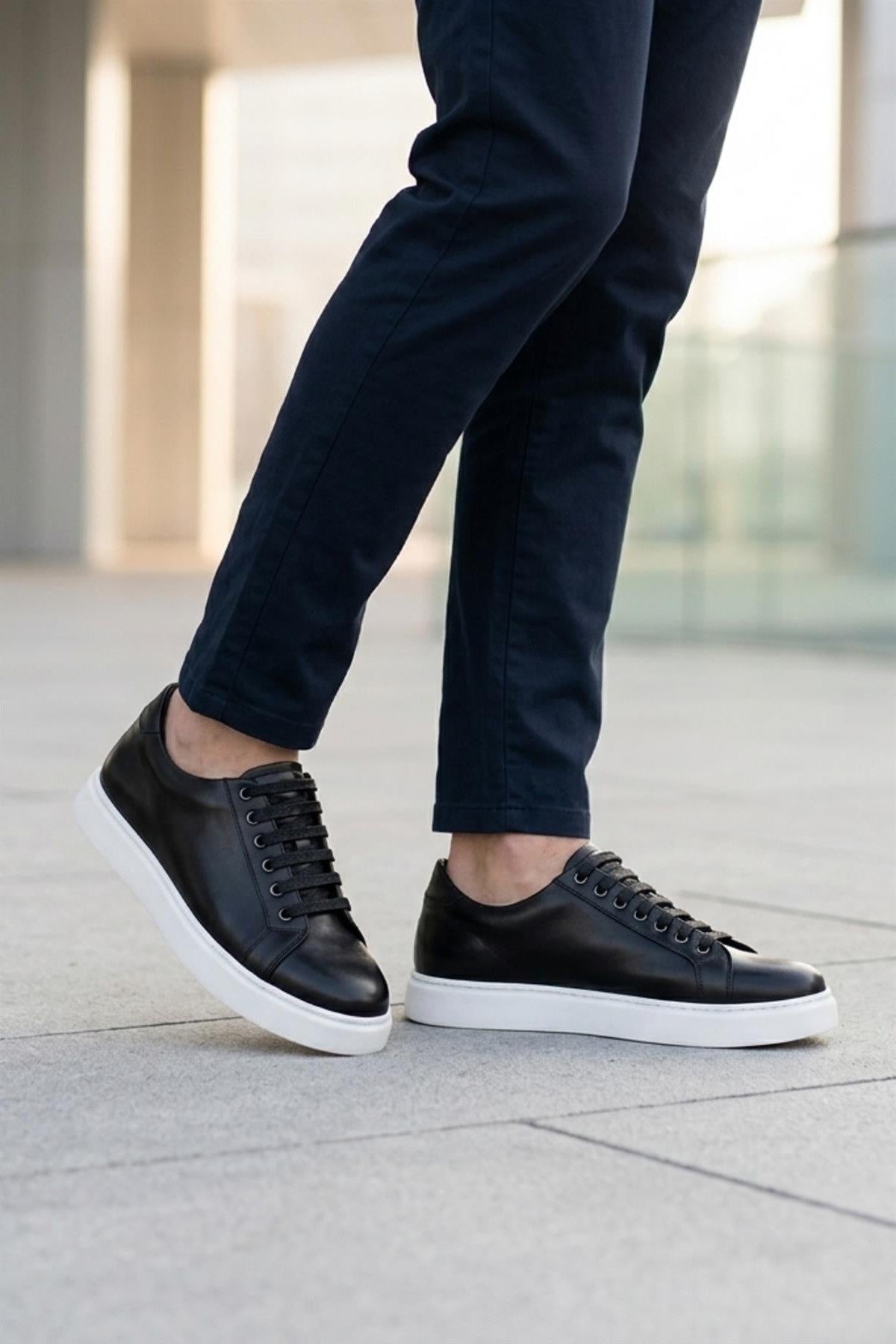 Men's Black Real Leather Lace-Up Trainers White Sole