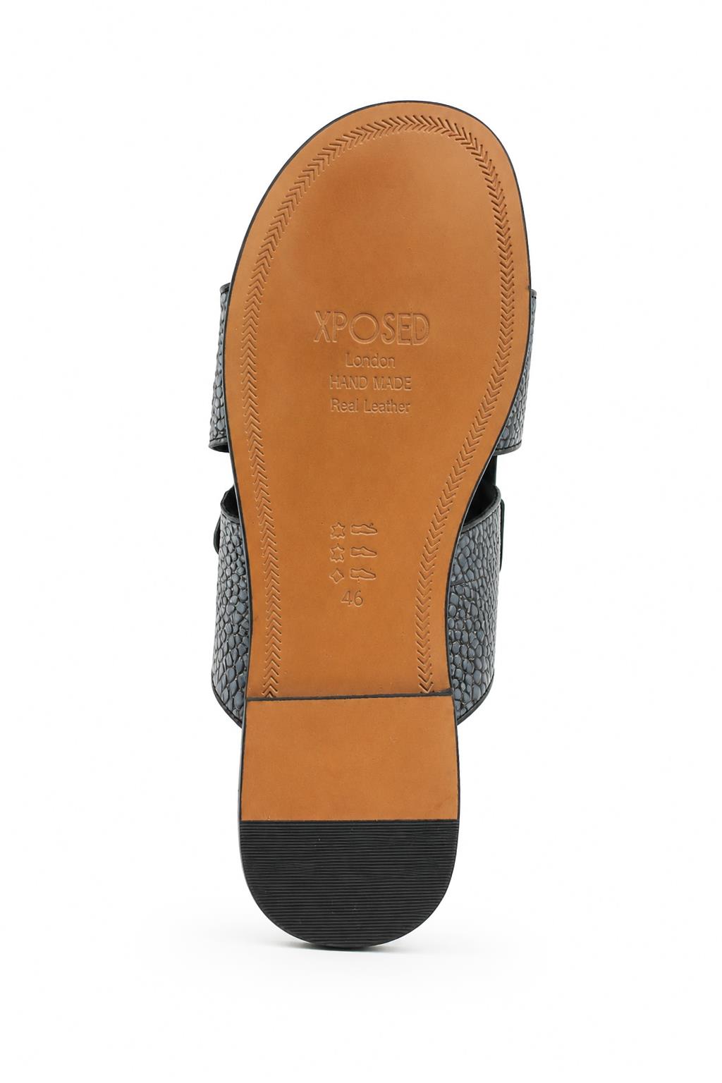 Men's Black & Grey Handmade Real Leather Open Front Slide Sandals