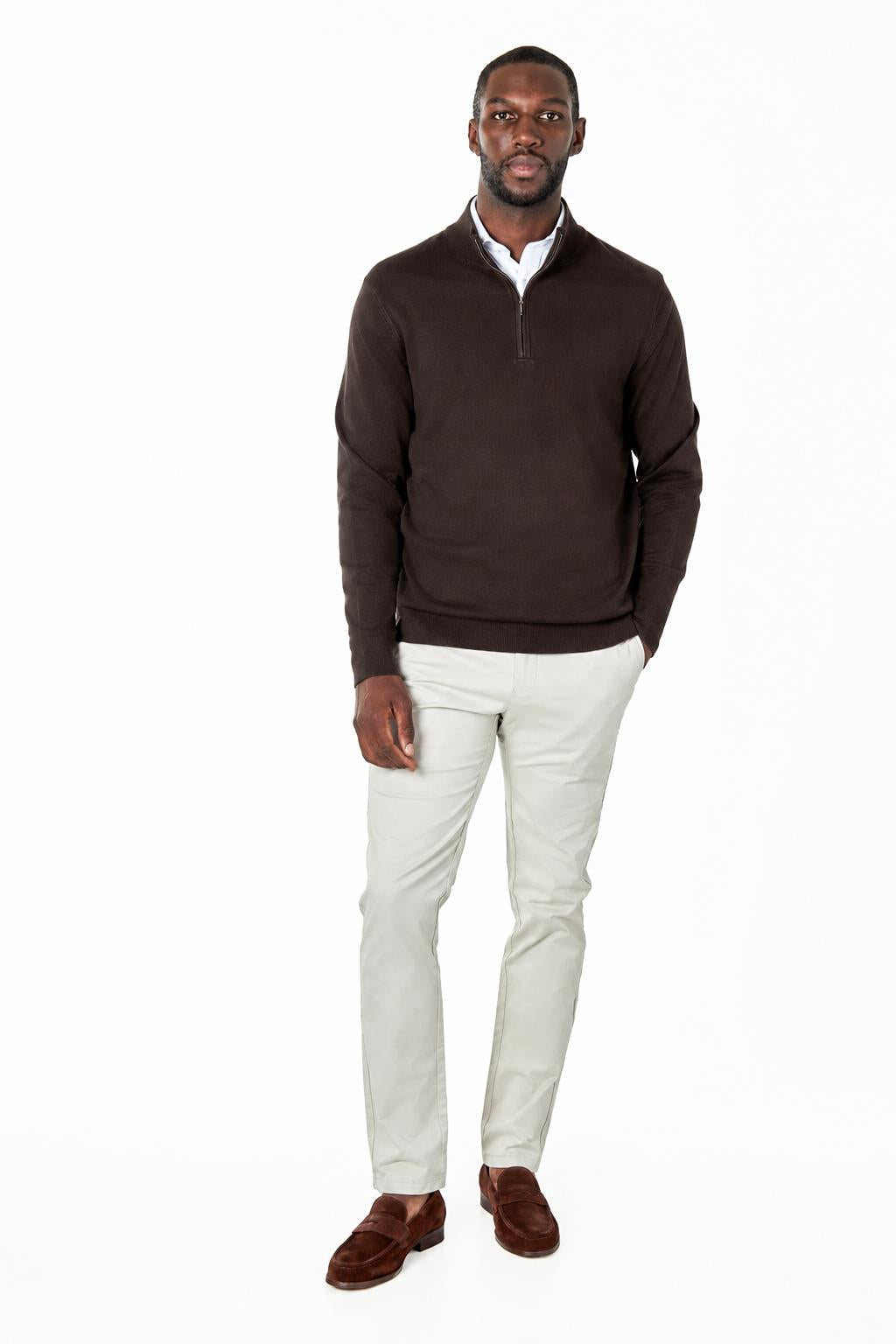 Men's Dark Brown 100% Cotton Fine Knit Quarter Zip Funnel Neck Jumper