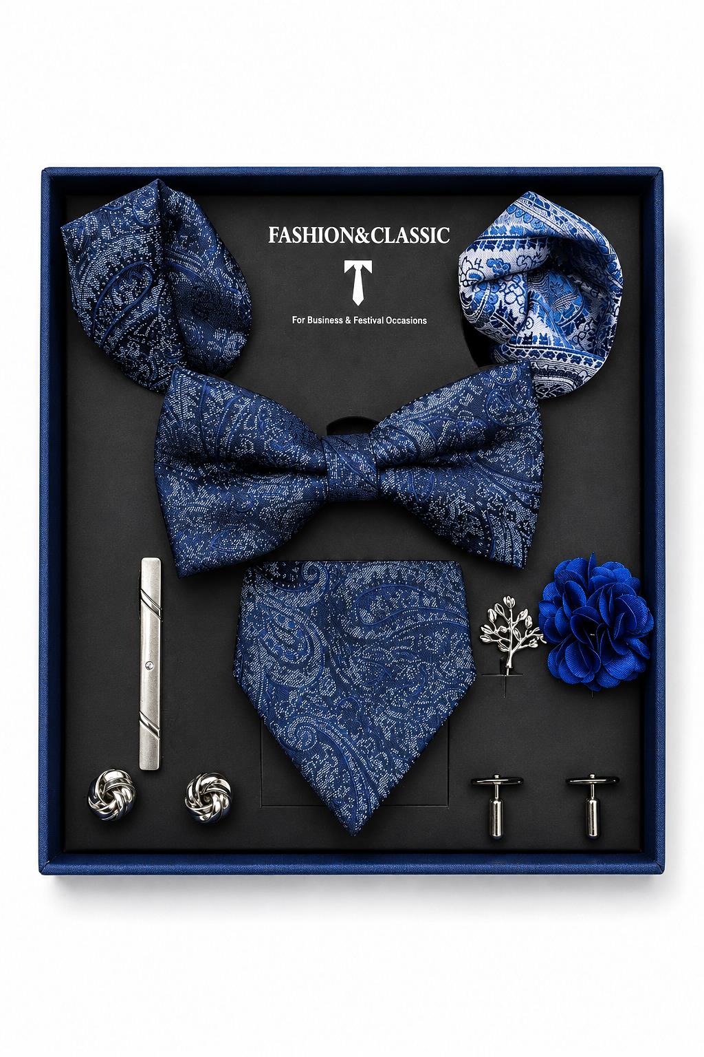 Men’s Navy Blue Paisley 8-Piece Tie & Bow Tie Wedding Gift Set