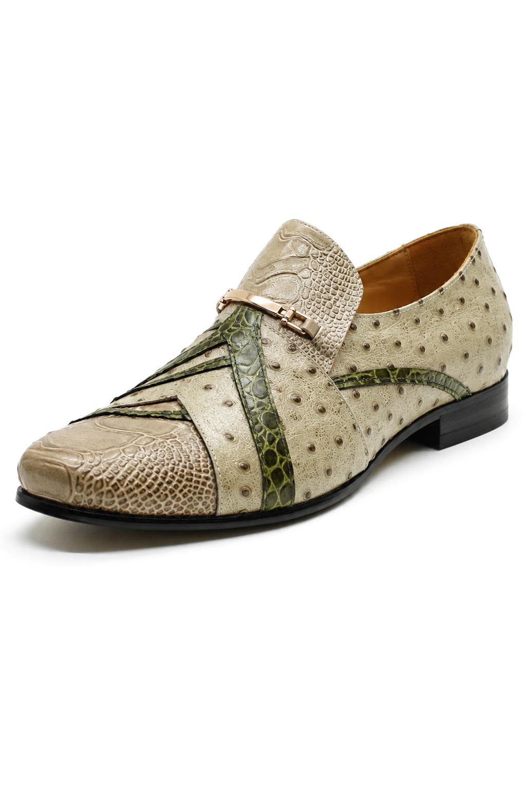 Men’s Cream & Green Snake-Effect Real Leather Loafers