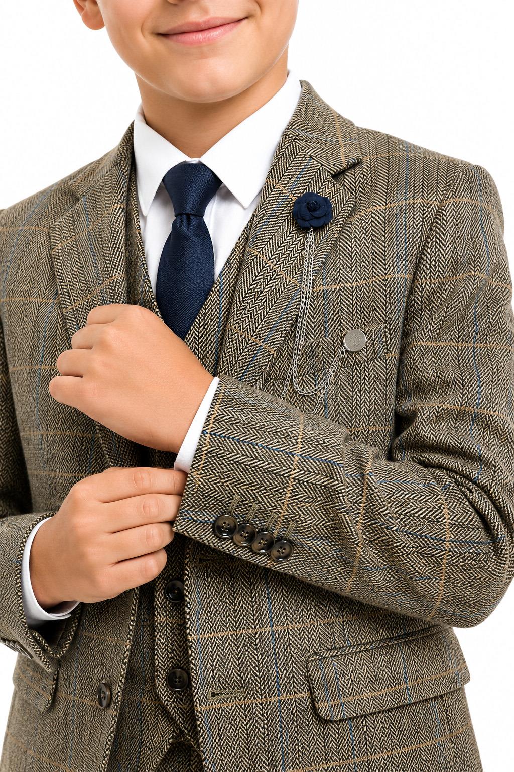 Boys Tan Brown Tweed Check 3 Piece Suit with Lapel Pin