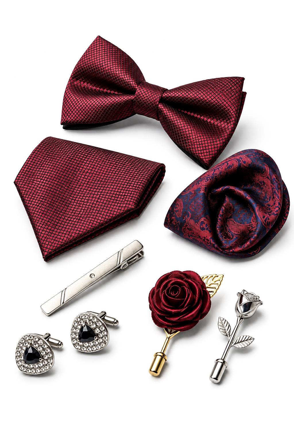 Men’s Burgundy 8-Piece Tie & Bow Tie Wedding Gift Set