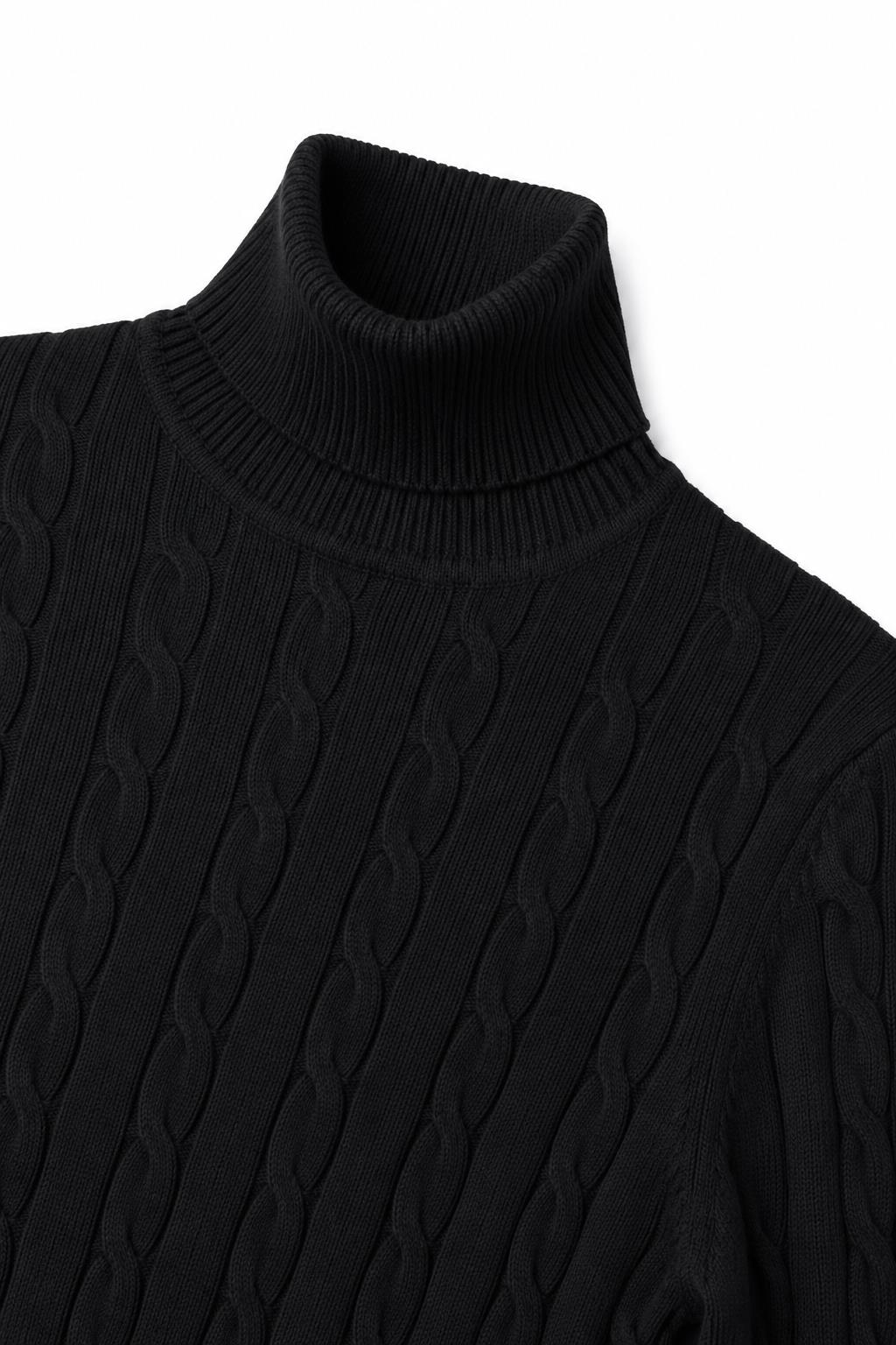 Men's Black 100% Cotton Fine Cable Knit Roll Neck Jumper
