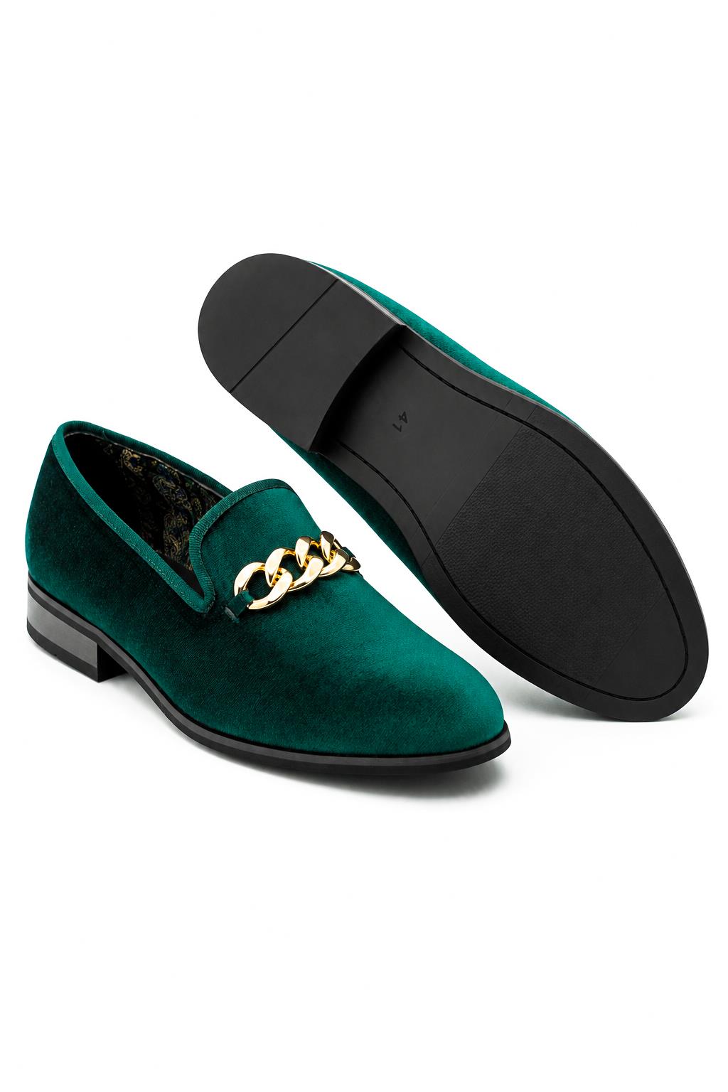 Men's Green Smooth Velvet Gold Chain Dress Loafers