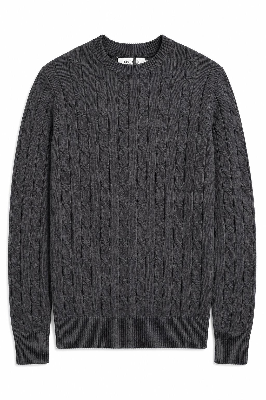 Men's Charcoal Grey 100% Cotton Fine Cable Knit Crew Neck Jumper
