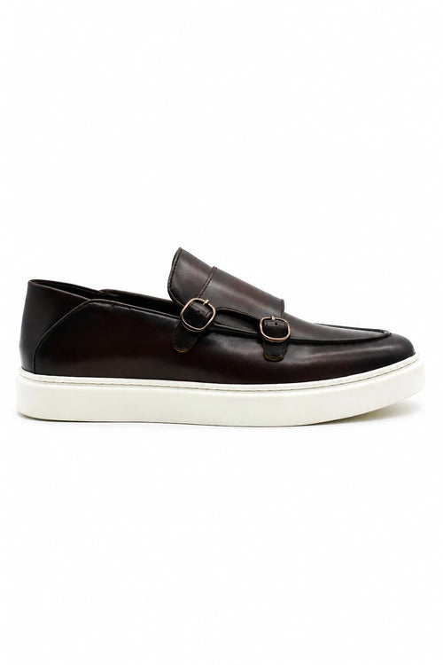 Men's Brown Real Leather Double Monk Strap Trainers White Sole