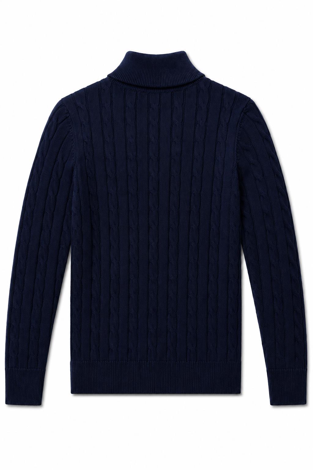 Men's Navy Blue 100% Cotton Fine Cable Knit Quarter Zip Neck Jumper