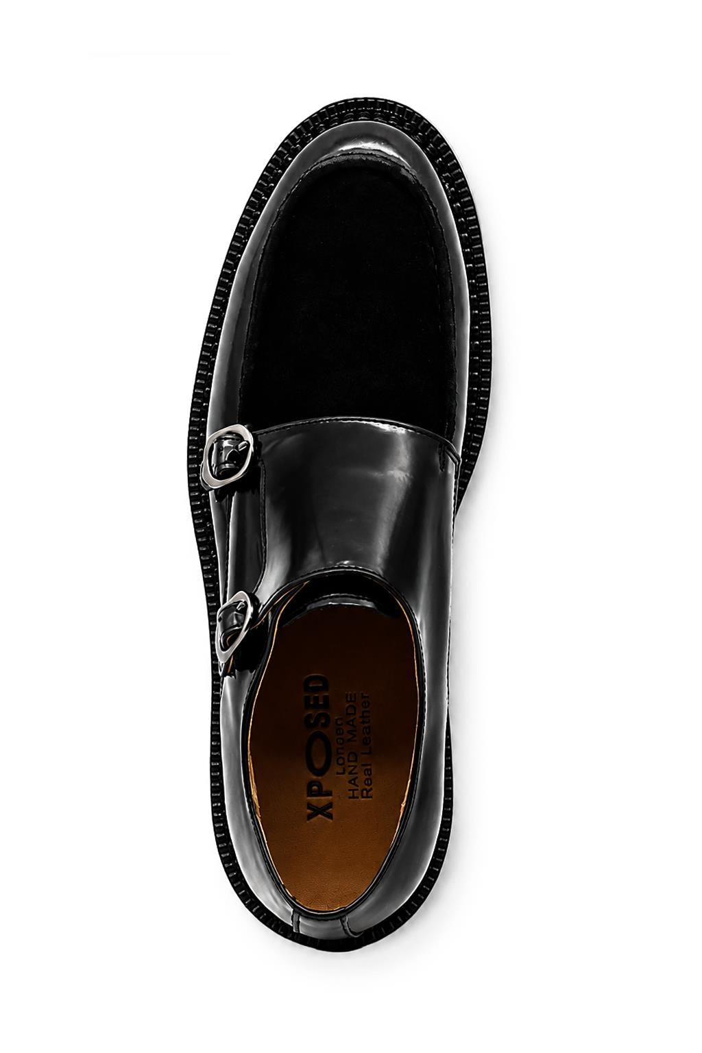 Men's Black Real Leather & Suede Double Monk Strap Shoes