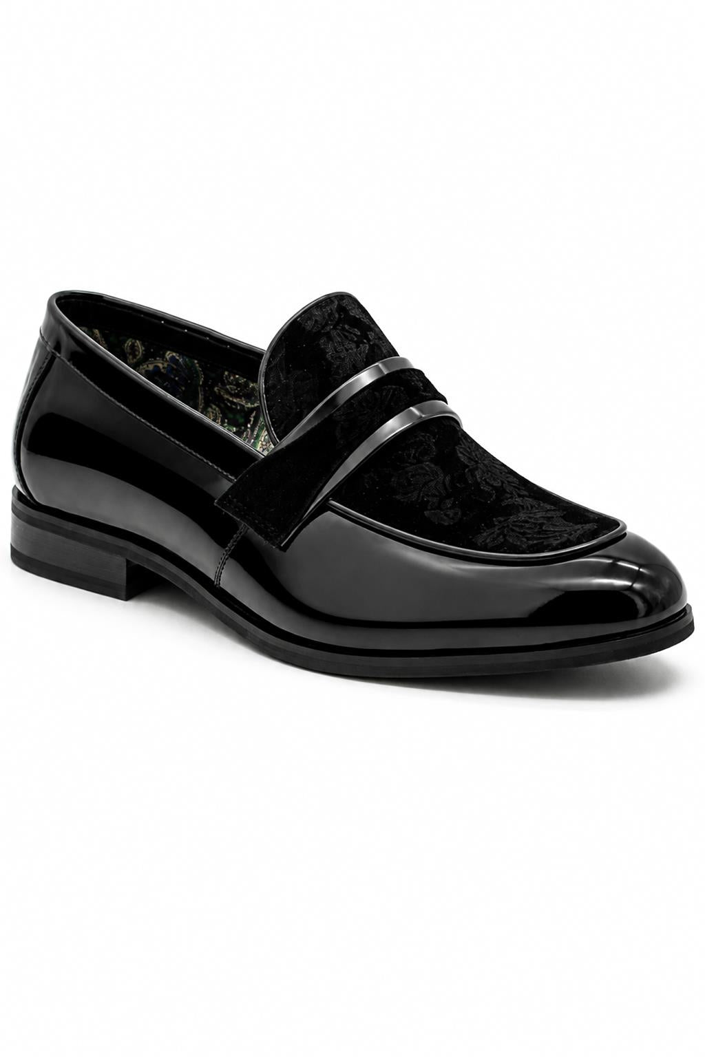 Men's Black Floral Velvet Patent Dress Loafers