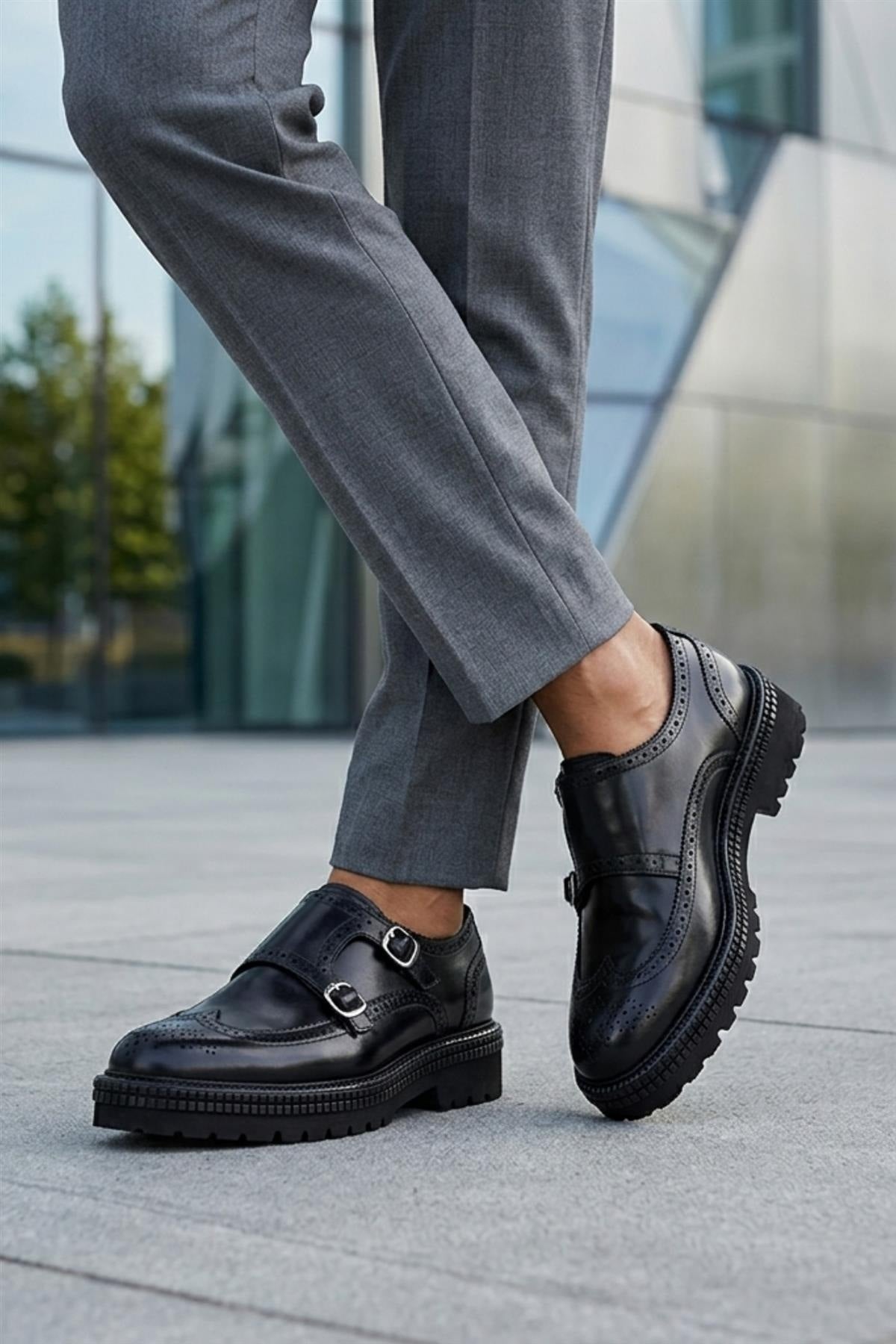 Men's Black Double Monk Strap Brogues - Chunky Sole