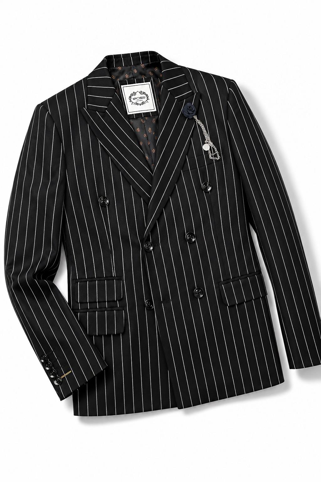 Boys Alfred Black & White Pinstripe Double Breasted 2 Piece Suit with Lapel Pin