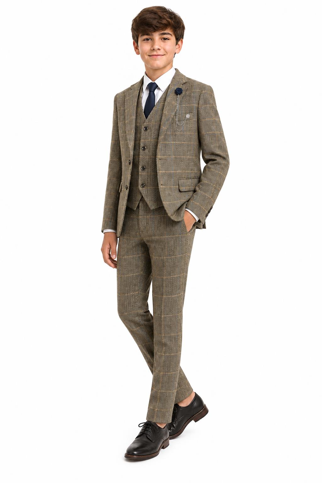 Boys Tan Brown Tweed Check 3 Piece Suit with Lapel Pin