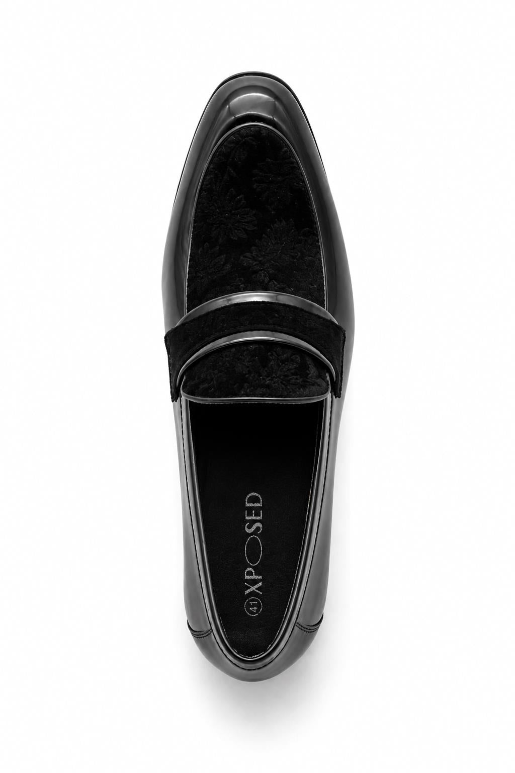 Men's Black Floral Velvet Patent Dress Loafers