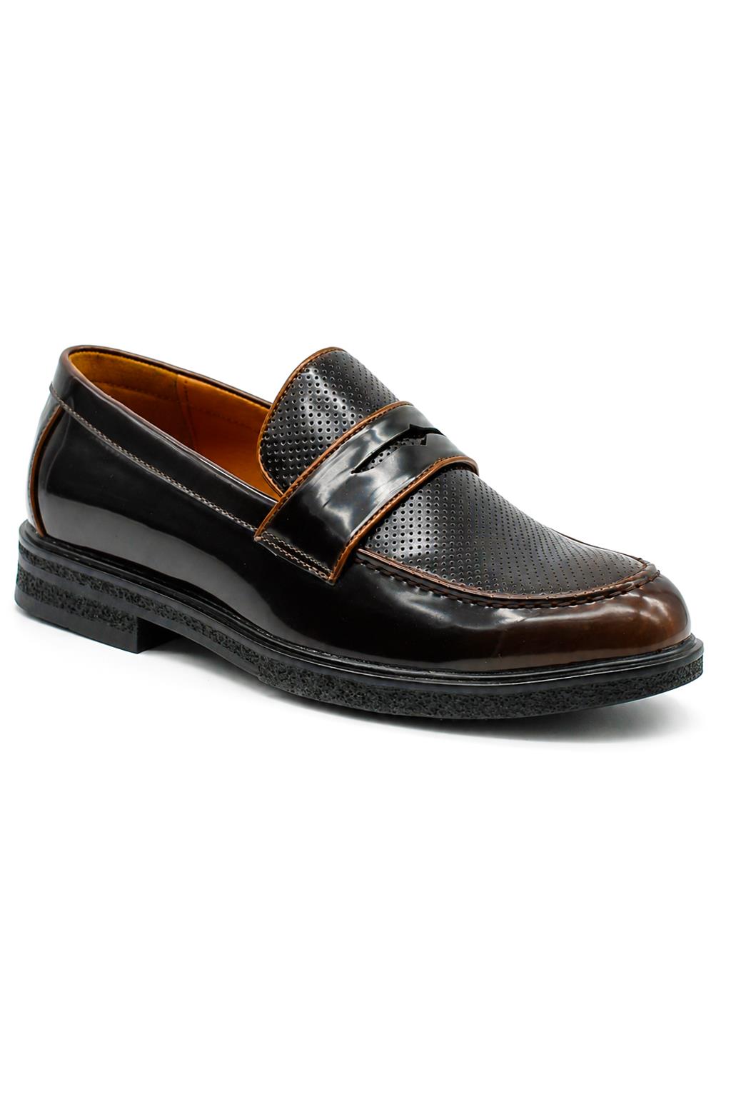 Men’s Brown Patent Pin-Dot Penny Loafers