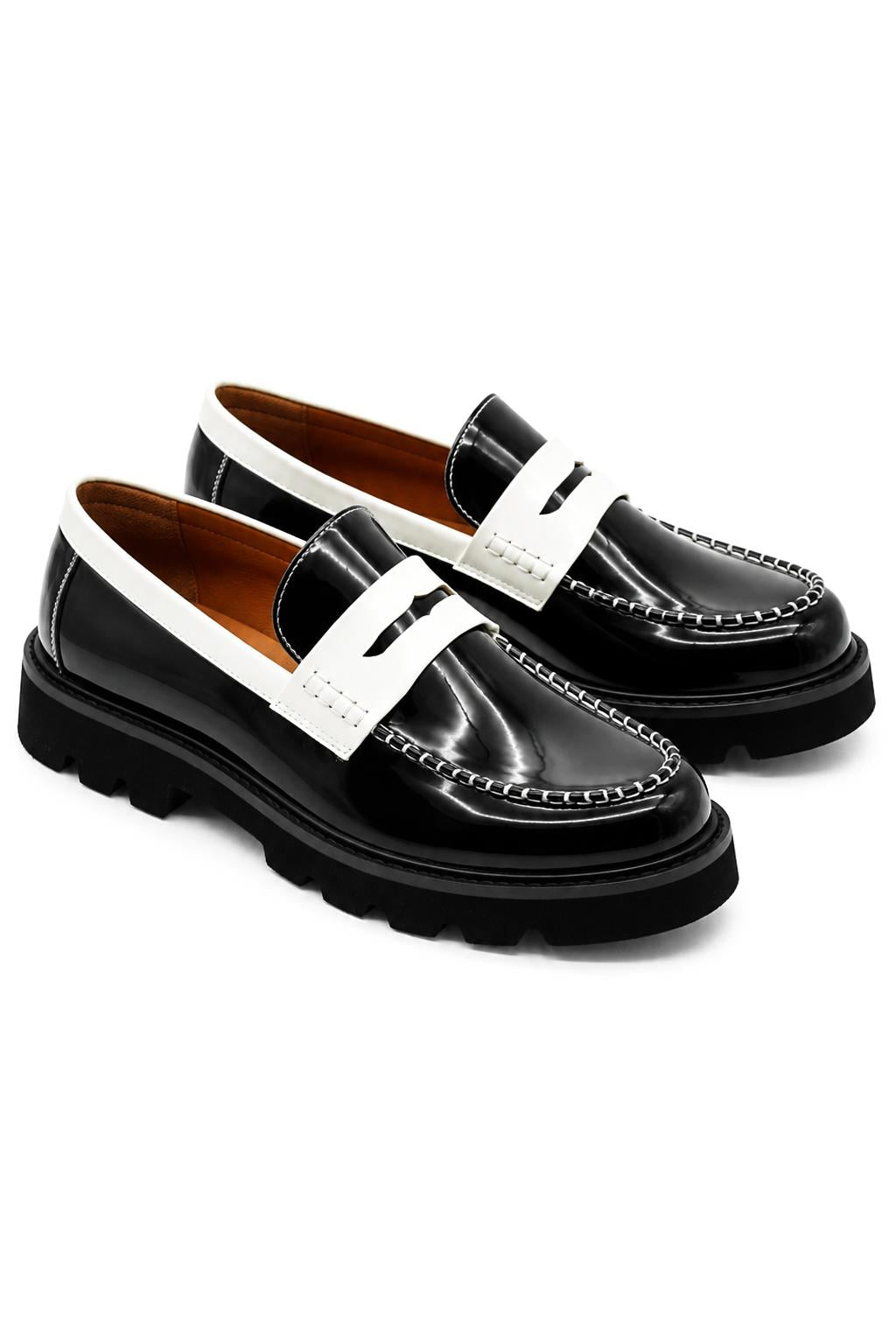 Men's Black & White Patent Chunky Penny Loafers