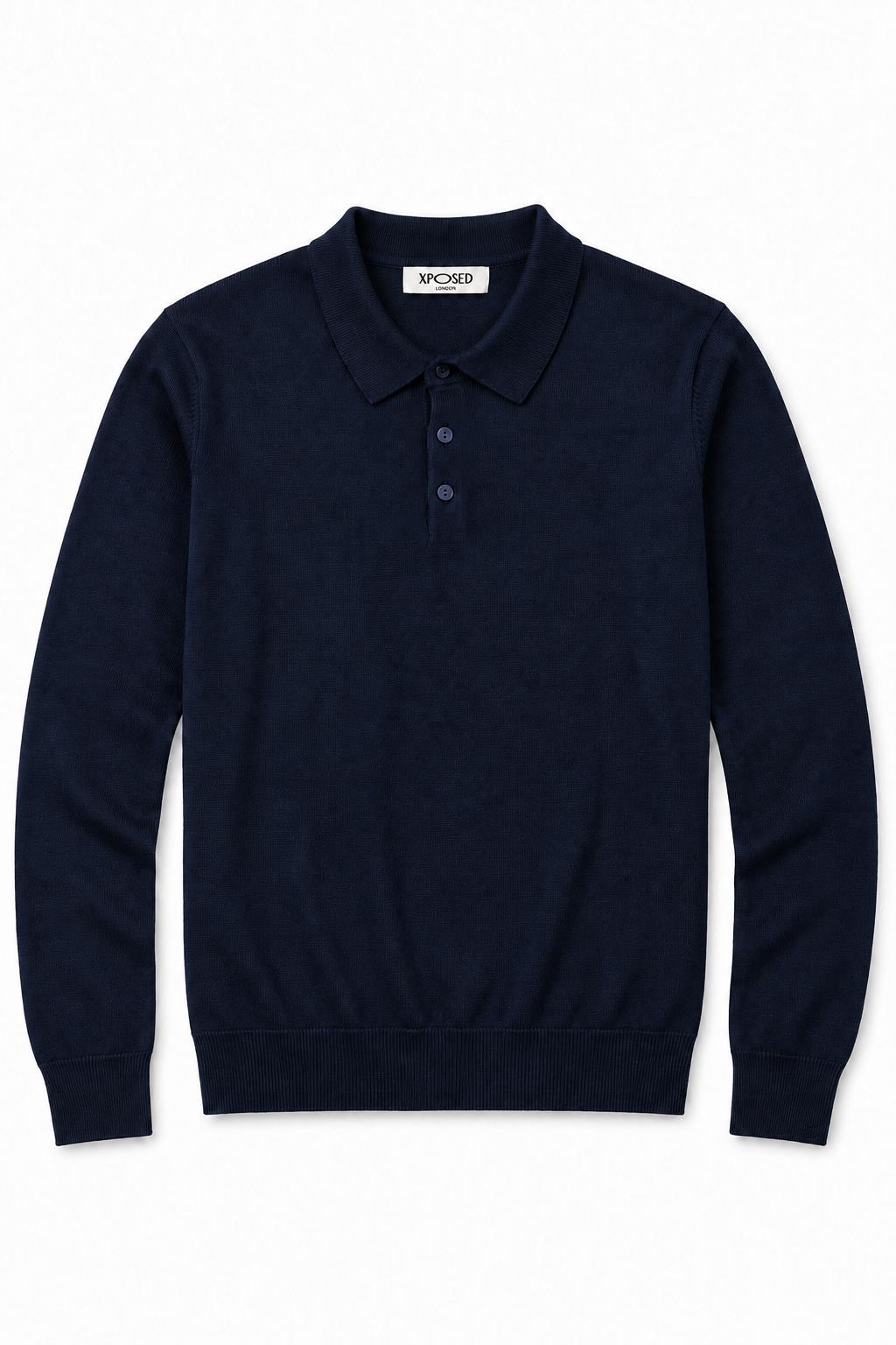 Men's Navy 100% Cotton Fine Knit Button Neck Polo Jumper