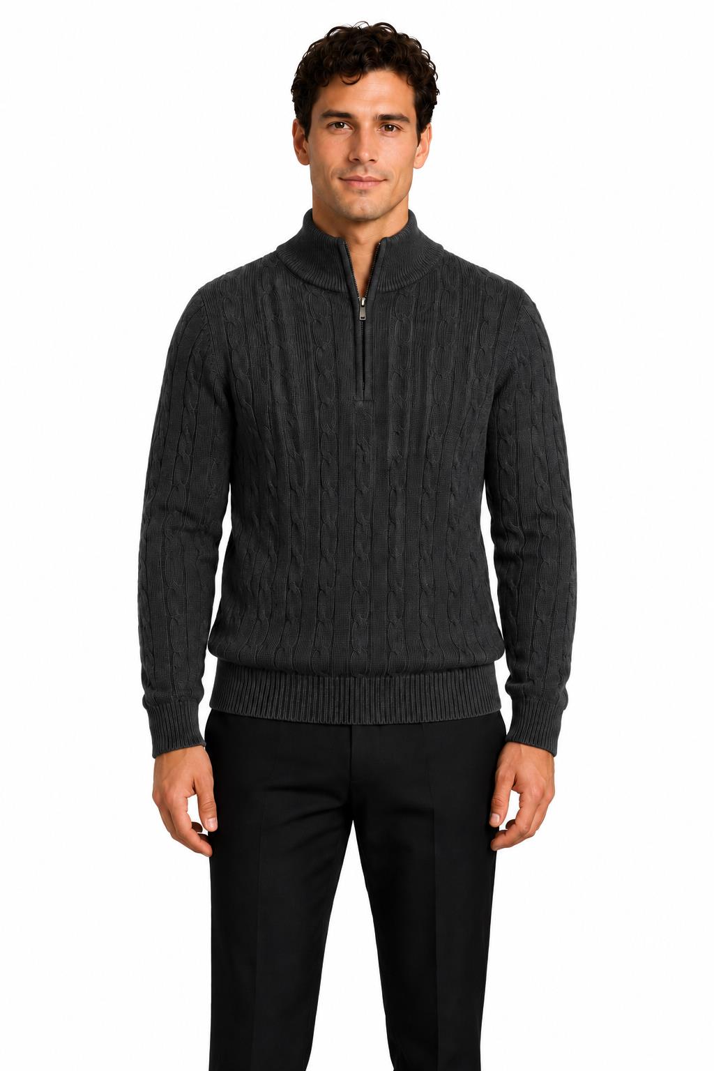 Men's Charcoal Grey 100% Cotton Fine Cable Knit Quarter Zip Neck Jumper