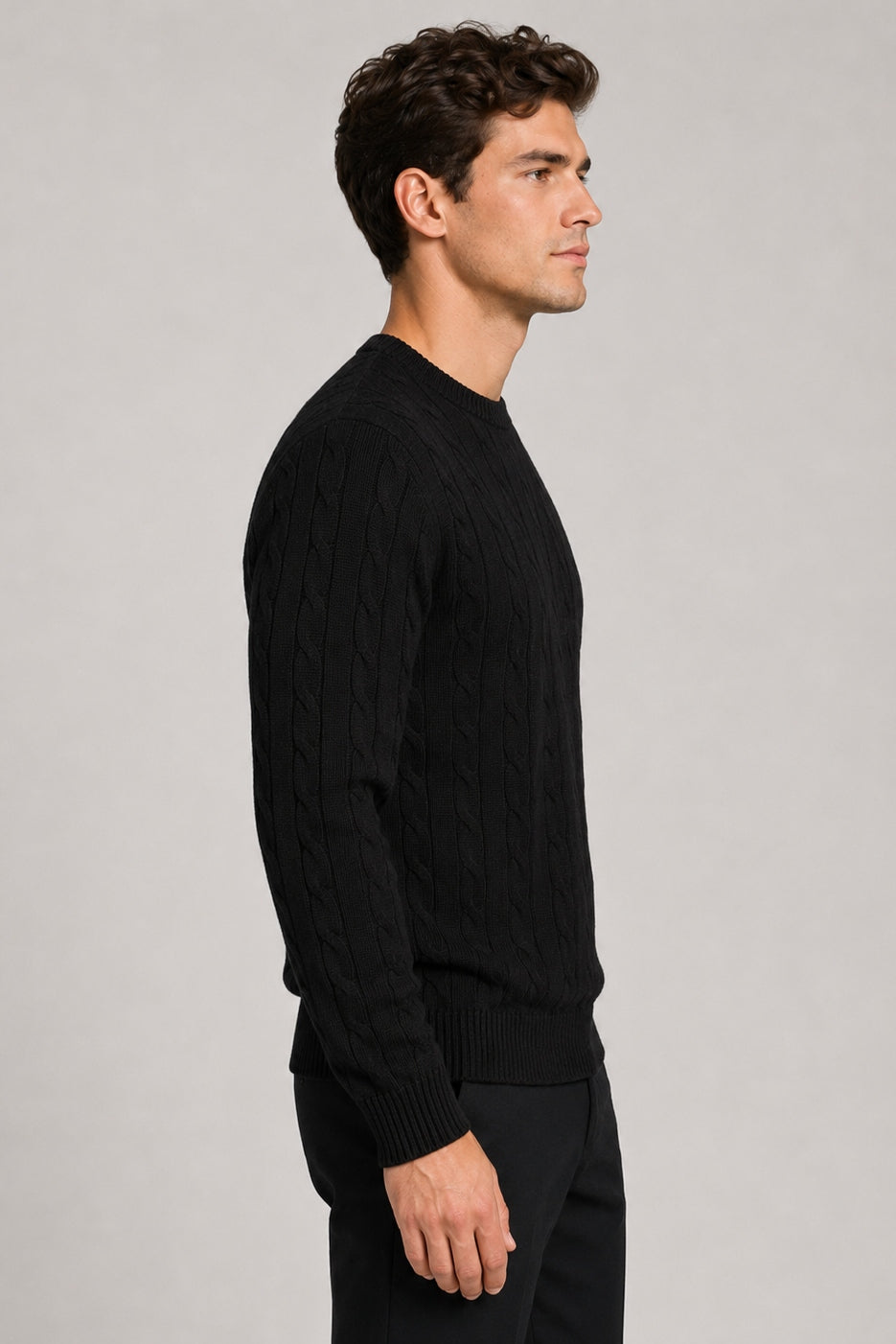 Men's Black 100% Cotton Fine Cable Knit Crew Neck Jumper
