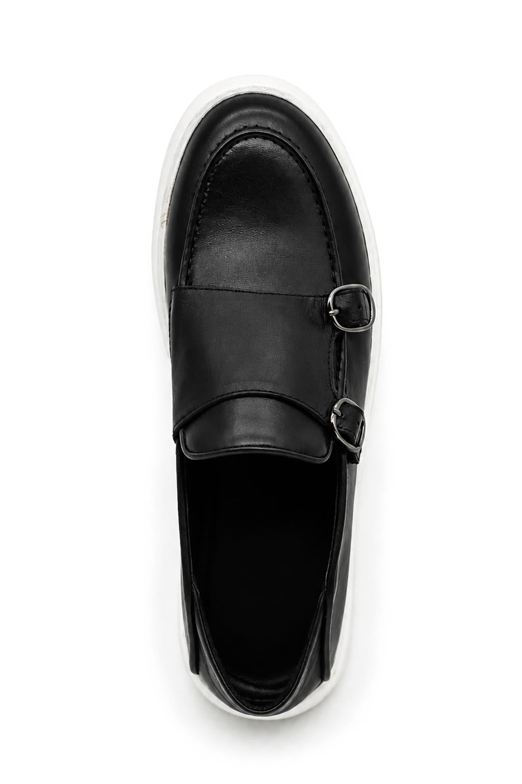 Men's Black Real Leather Double Monk Strap Trainers White Sole