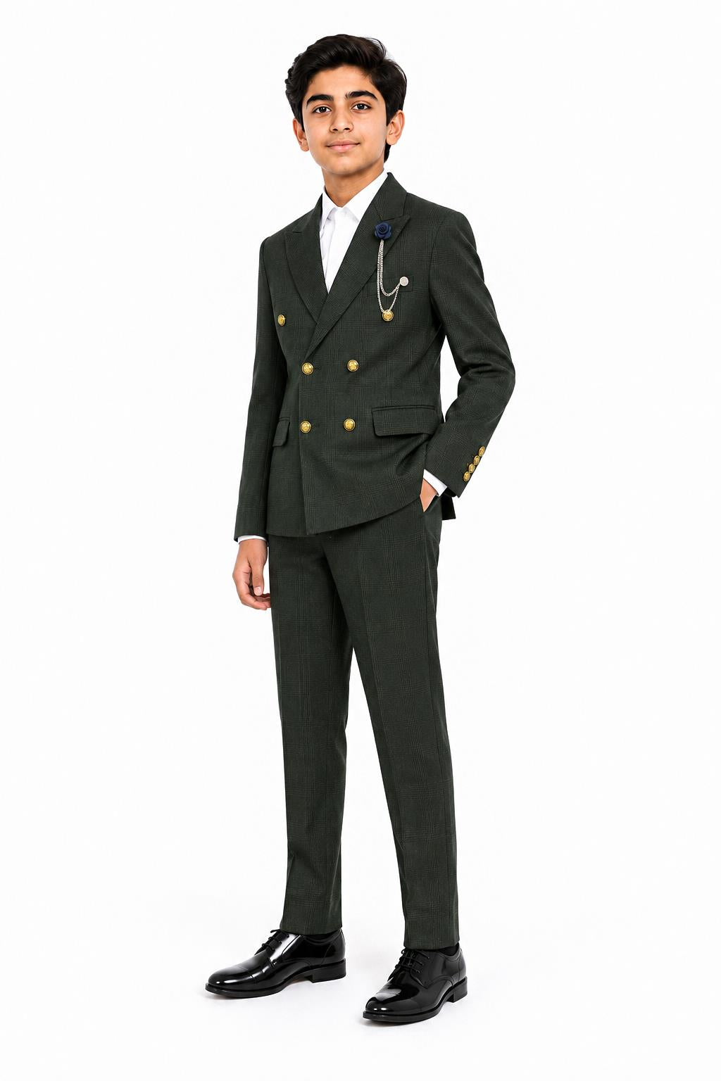 Boys Finley Olive Green Check Double Breasted 2 Piece Suit with Gold Buttons