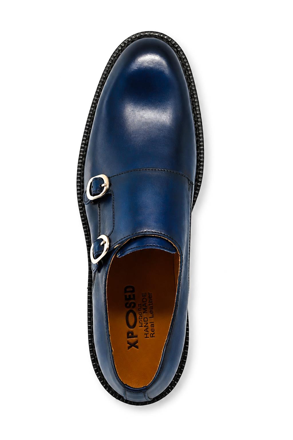 ROWE Men’s Blue Burnished Real Leather Double Monk Strap Shoes