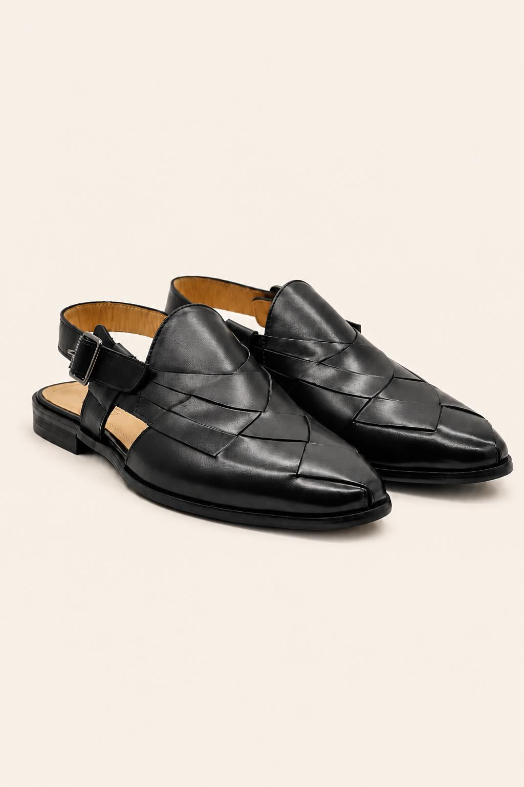 Men's Black Handmade Real Leather Woven Sandals
