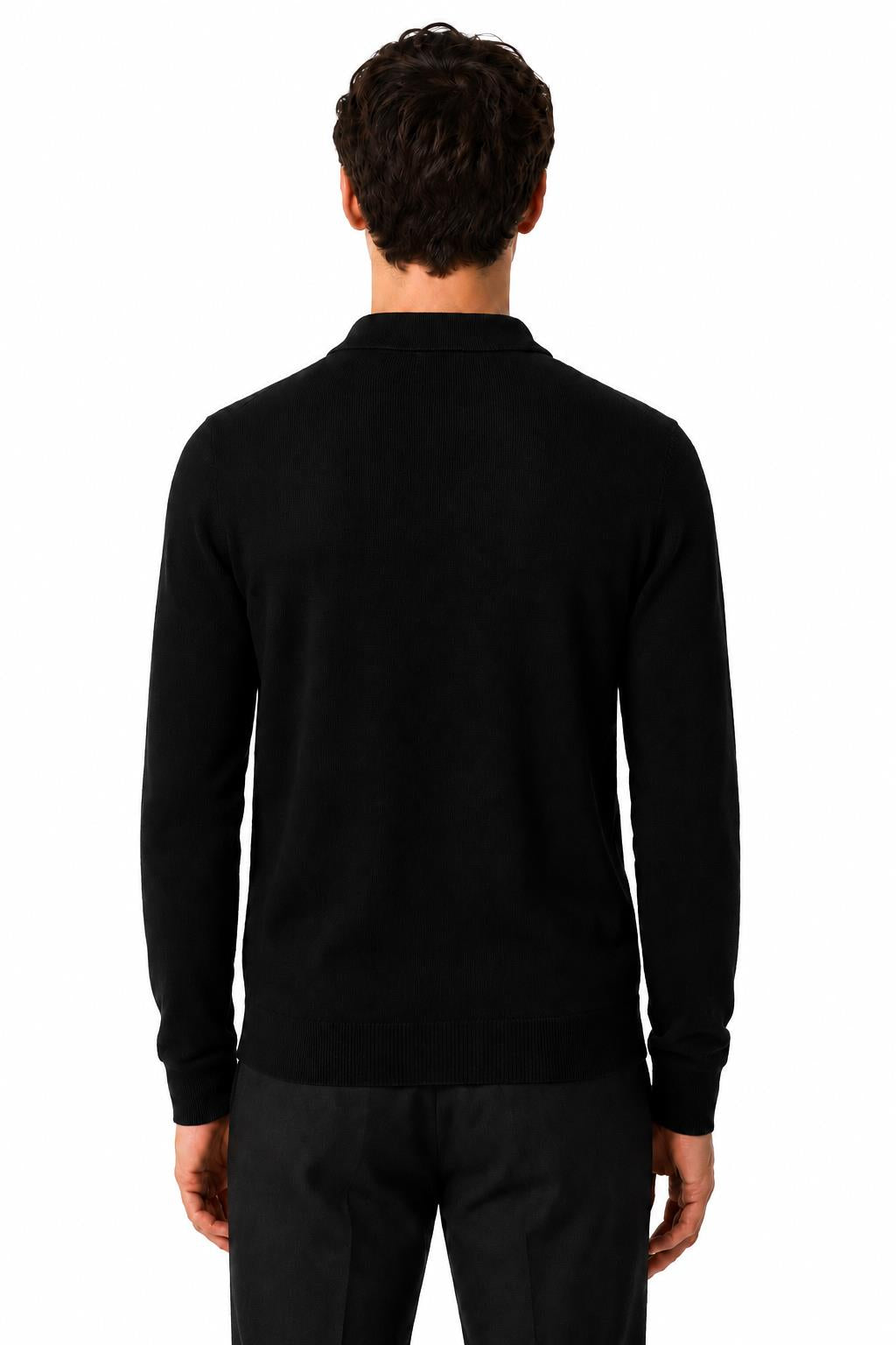 Men's Black 100% Cotton Fine Knit Button Neck Polo Jumper
