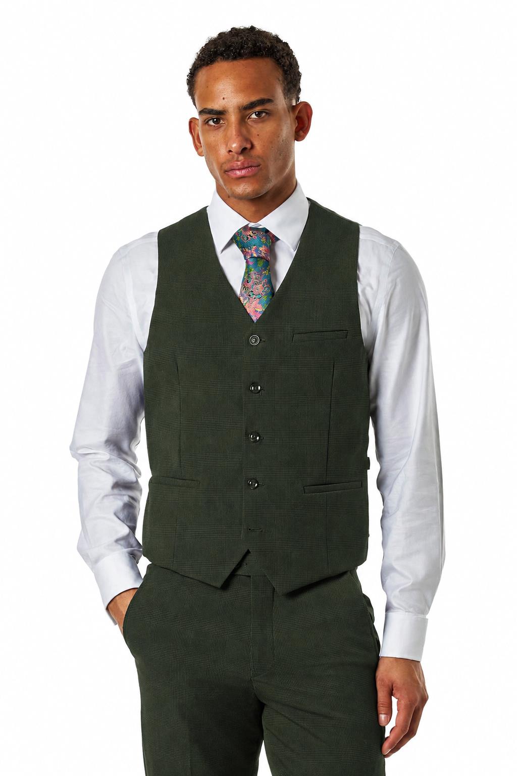 Finley - Men's Olive Green Prince of Wales Check Tailored Waistcoat