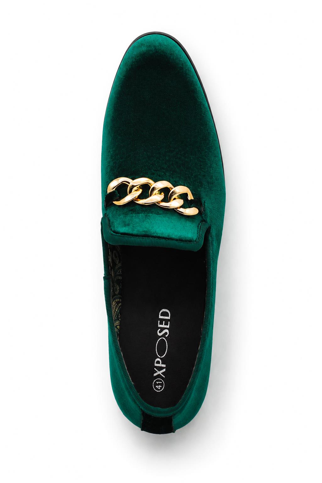 Men's Green Smooth Velvet Gold Chain Dress Loafers