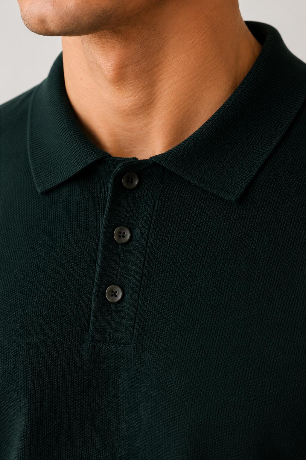 Men's Black 100% Cotton Fine Knit Button Neck Polo Jumper