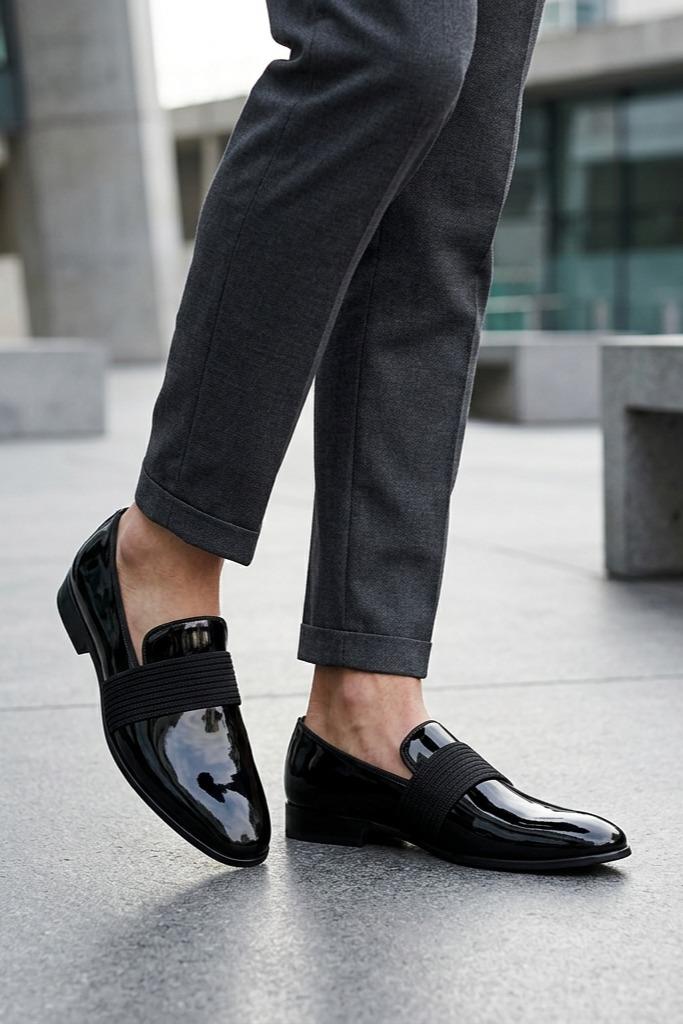 MIRO 3 Men’s Black Hi-Shine Patent Leather Slip-On Tuxedo Loafers