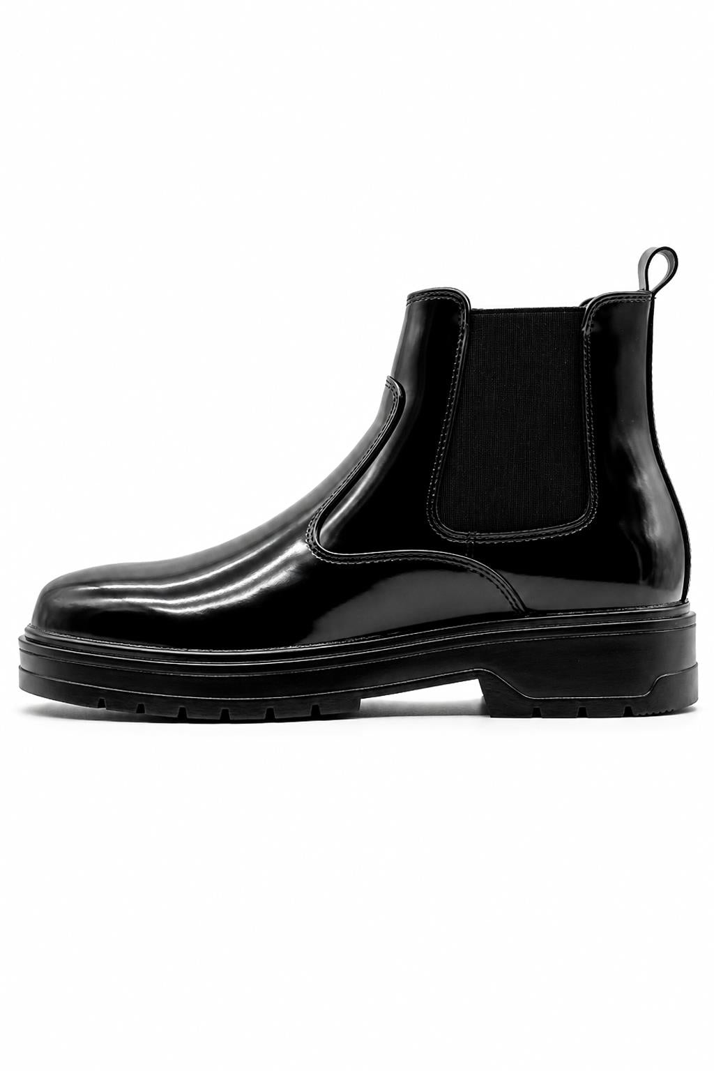 Men's Black Patent Faux Leather Retro Chelsea Boots Lug Sole