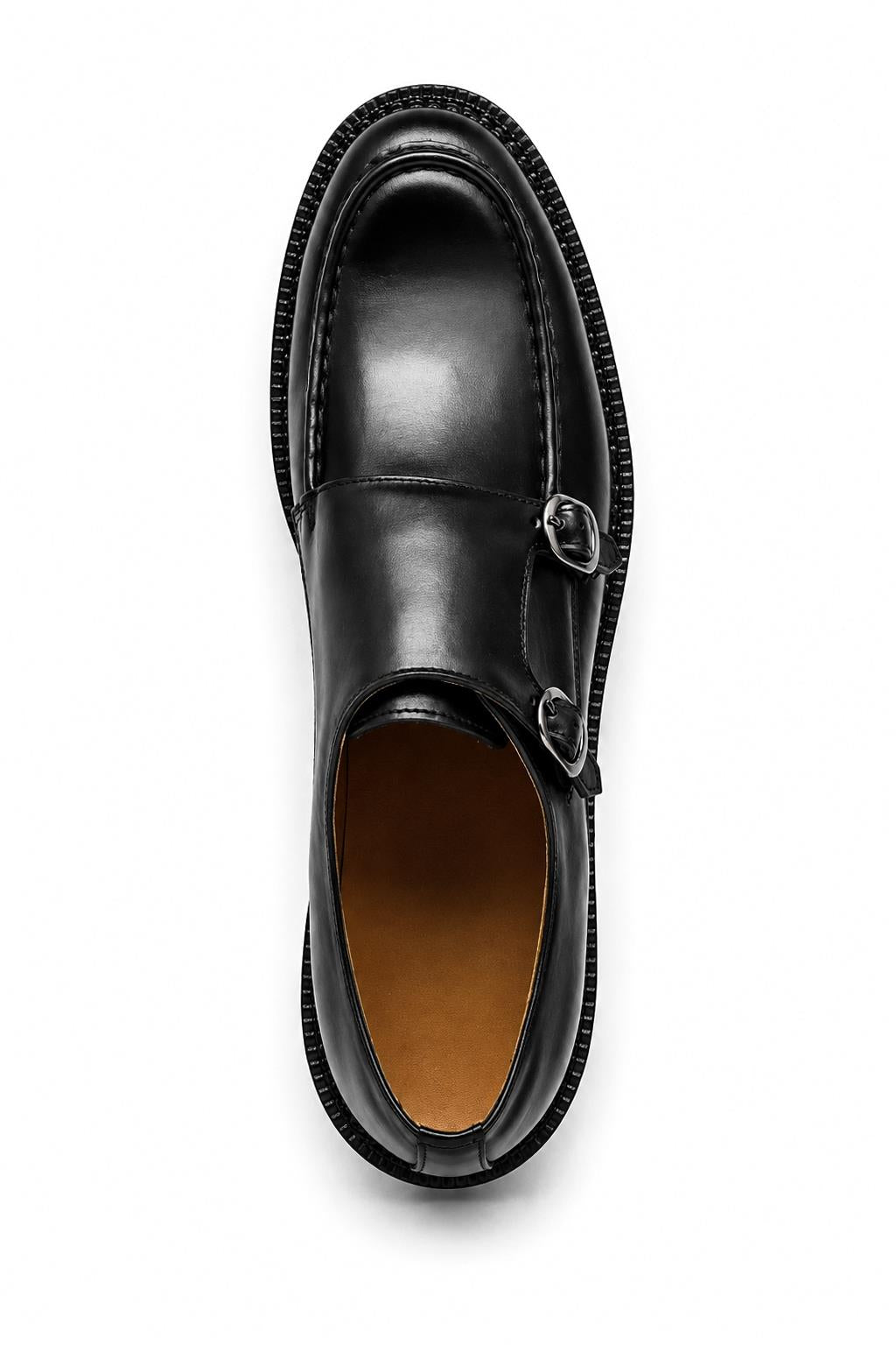 Men's Black Leather Double Monk Strap Shoes - Chunky Sole
