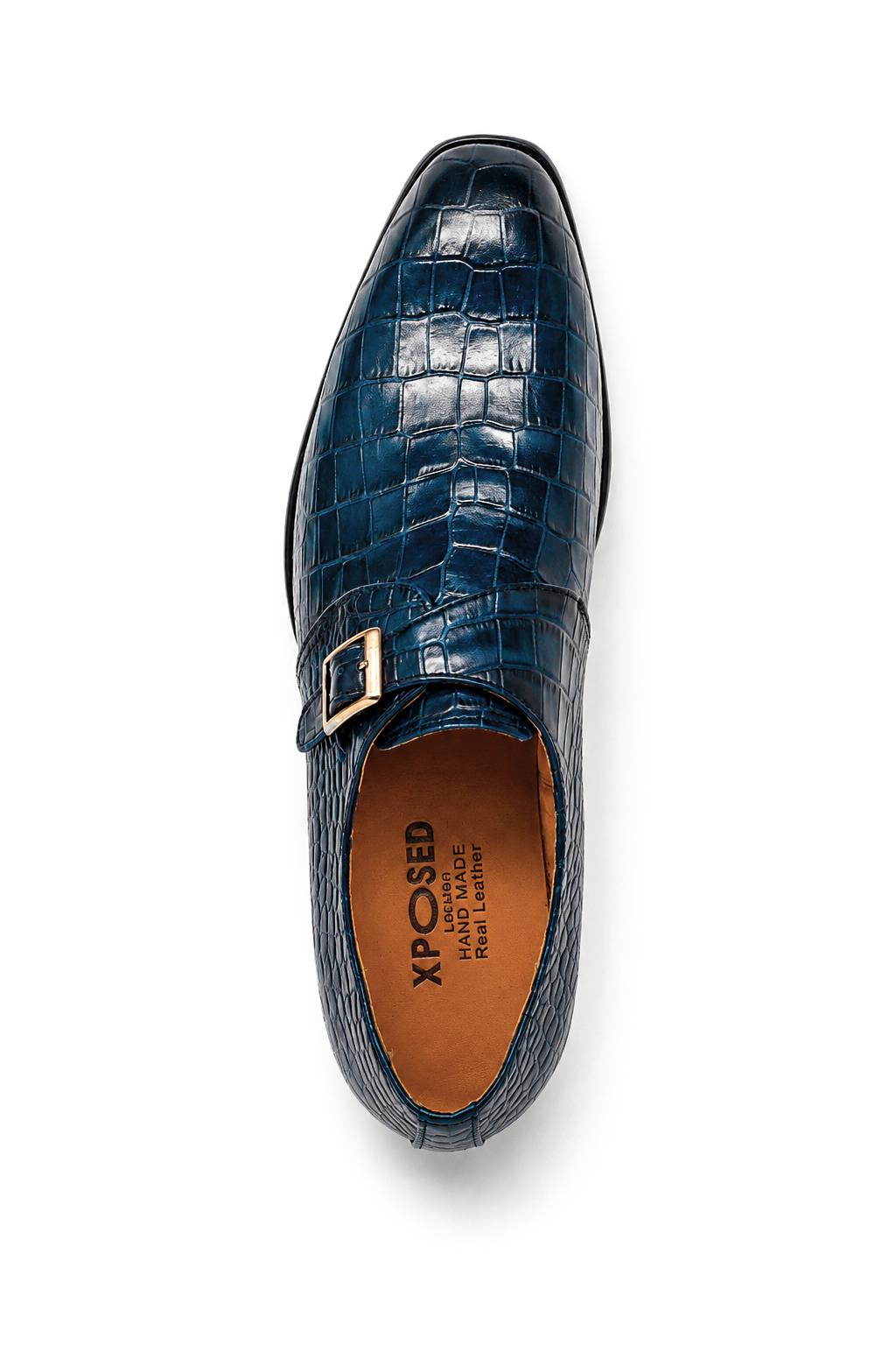 VALE Men’s Dark Blue Croc-Embossed Leather Monk Strap Shoes