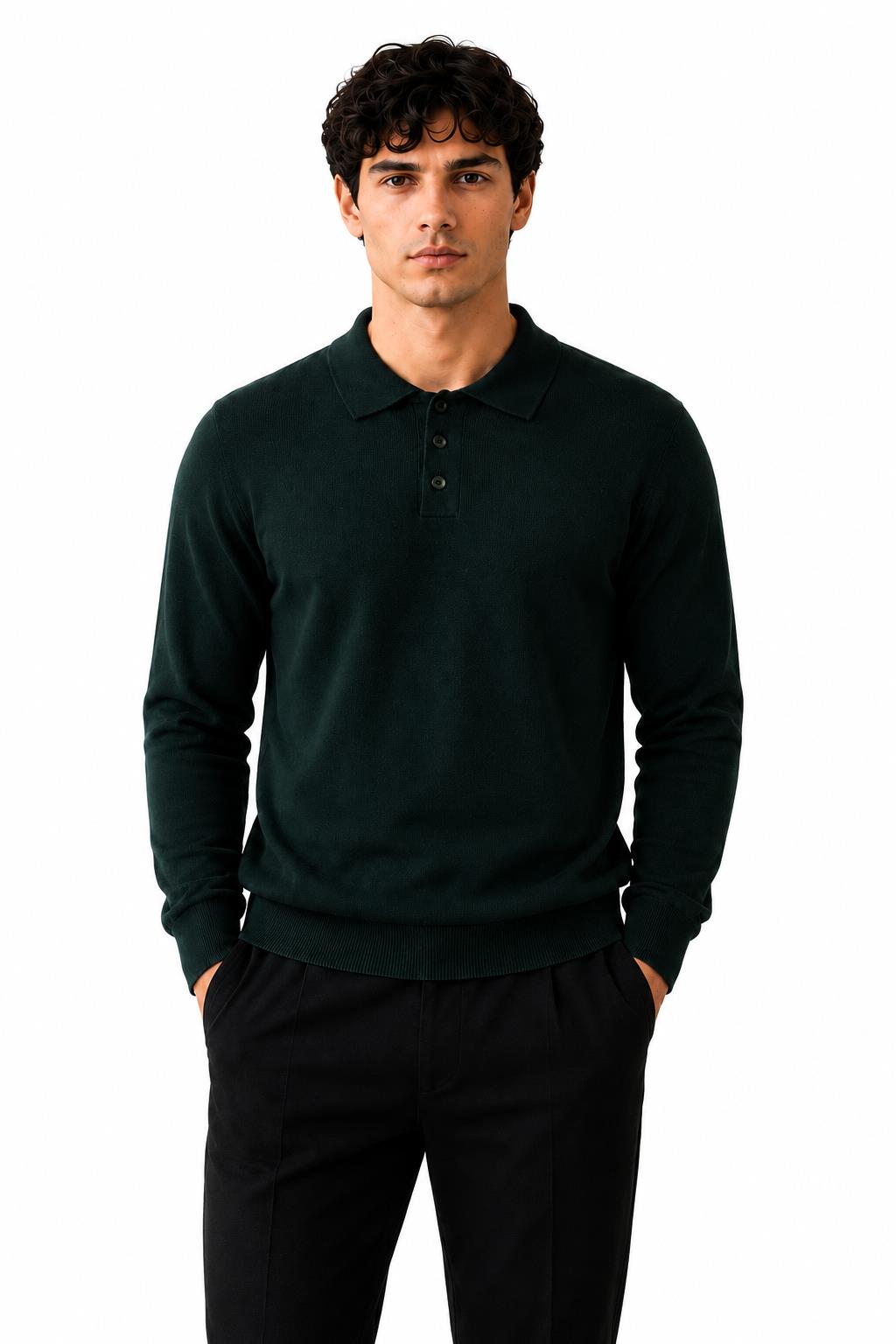 Men's Black 100% Cotton Fine Knit Button Neck Polo Jumper