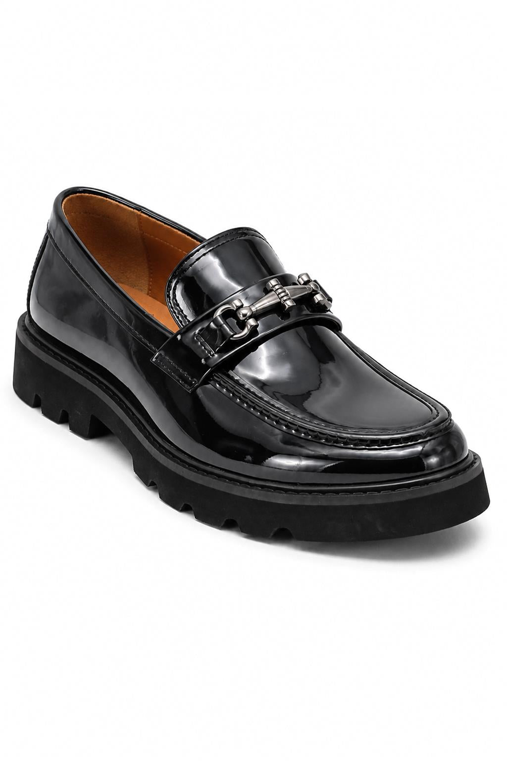 Men's Black Patent Faux Leather Snaffle Loafers