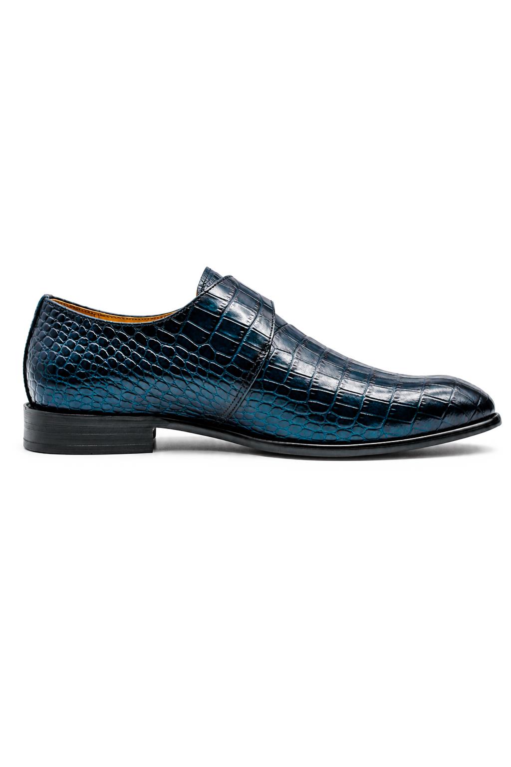 VALE Men’s Dark Blue Croc-Embossed Leather Monk Strap Shoes