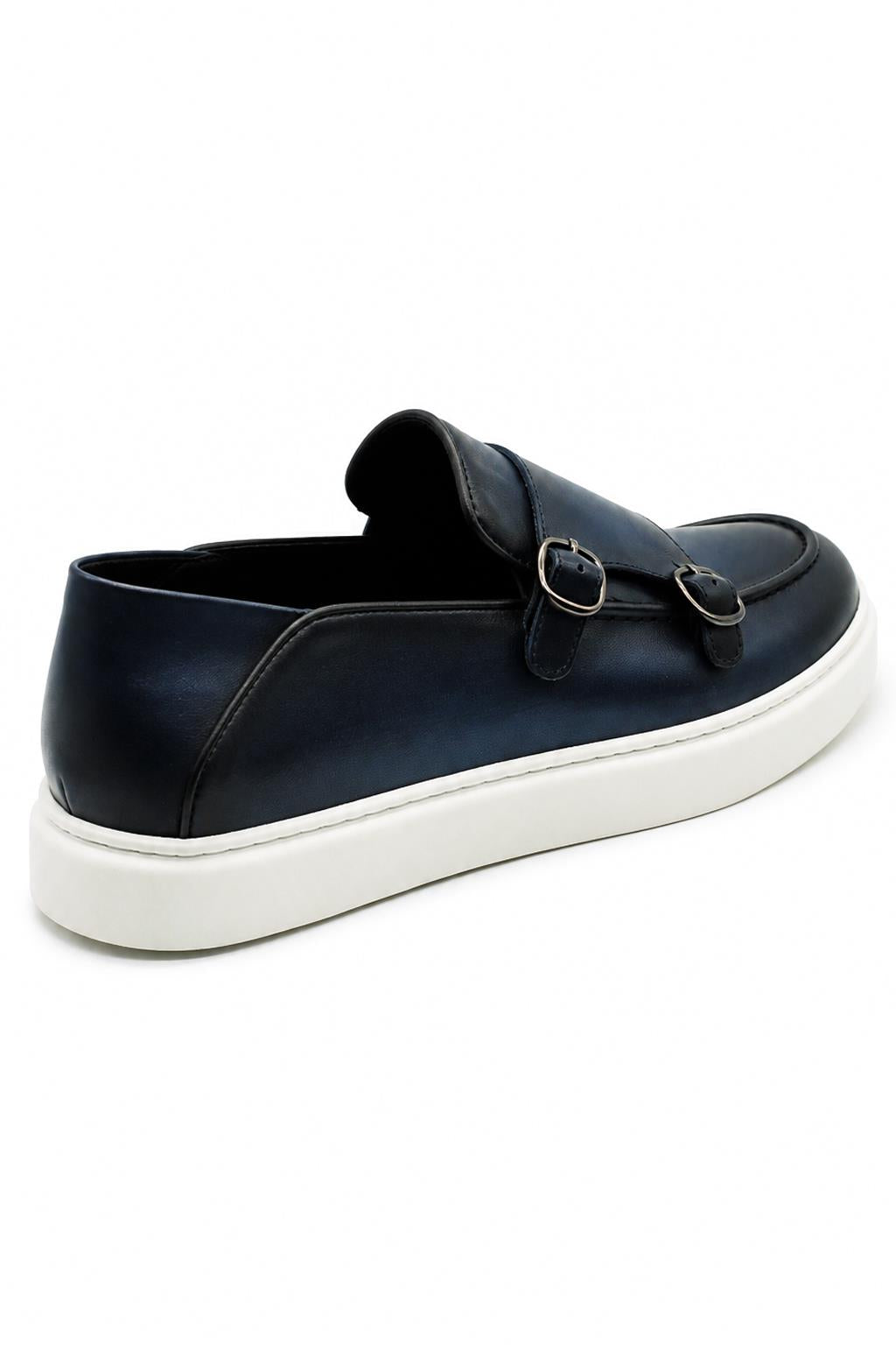 Men's Navy Blue Real Leather Double Monk Strap Trainers White Sole