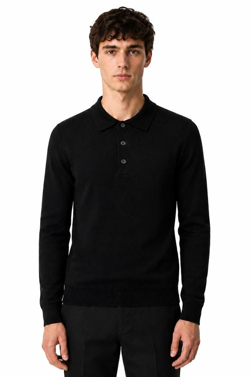 Men's Black 100% Cotton Fine Knit Button Neck Polo Jumper