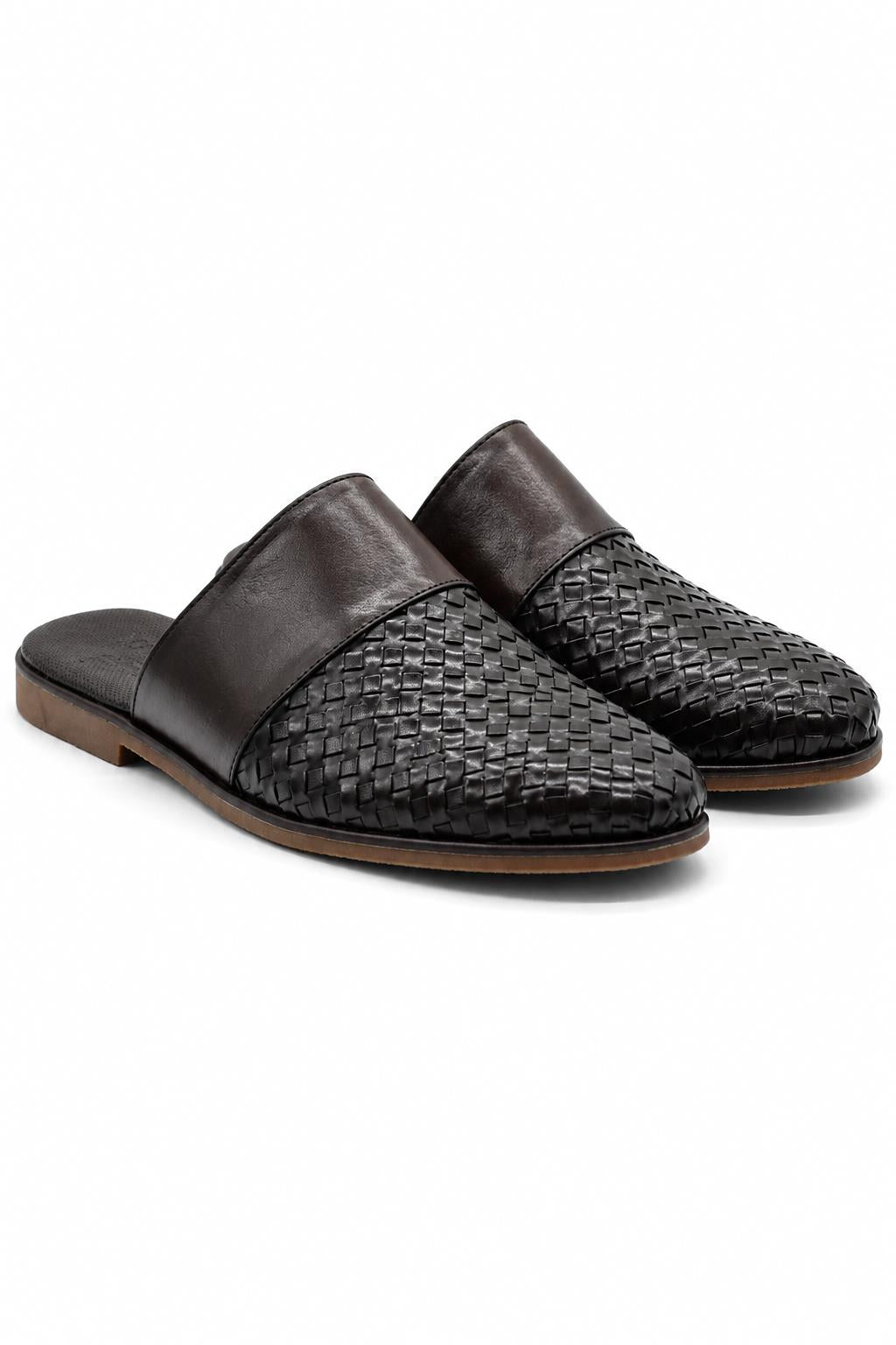 FINO Men’s Coffee Brown Woven Leather Mule Slippers