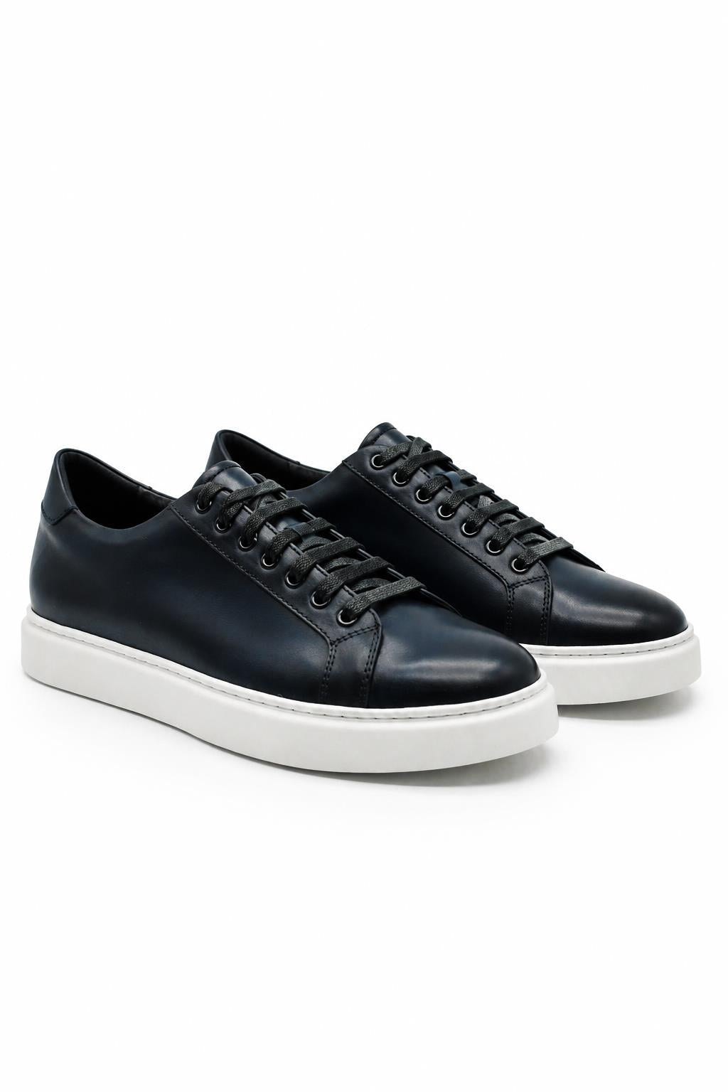 Men's Navy Real Leather Lace-Up Trainers White Sole