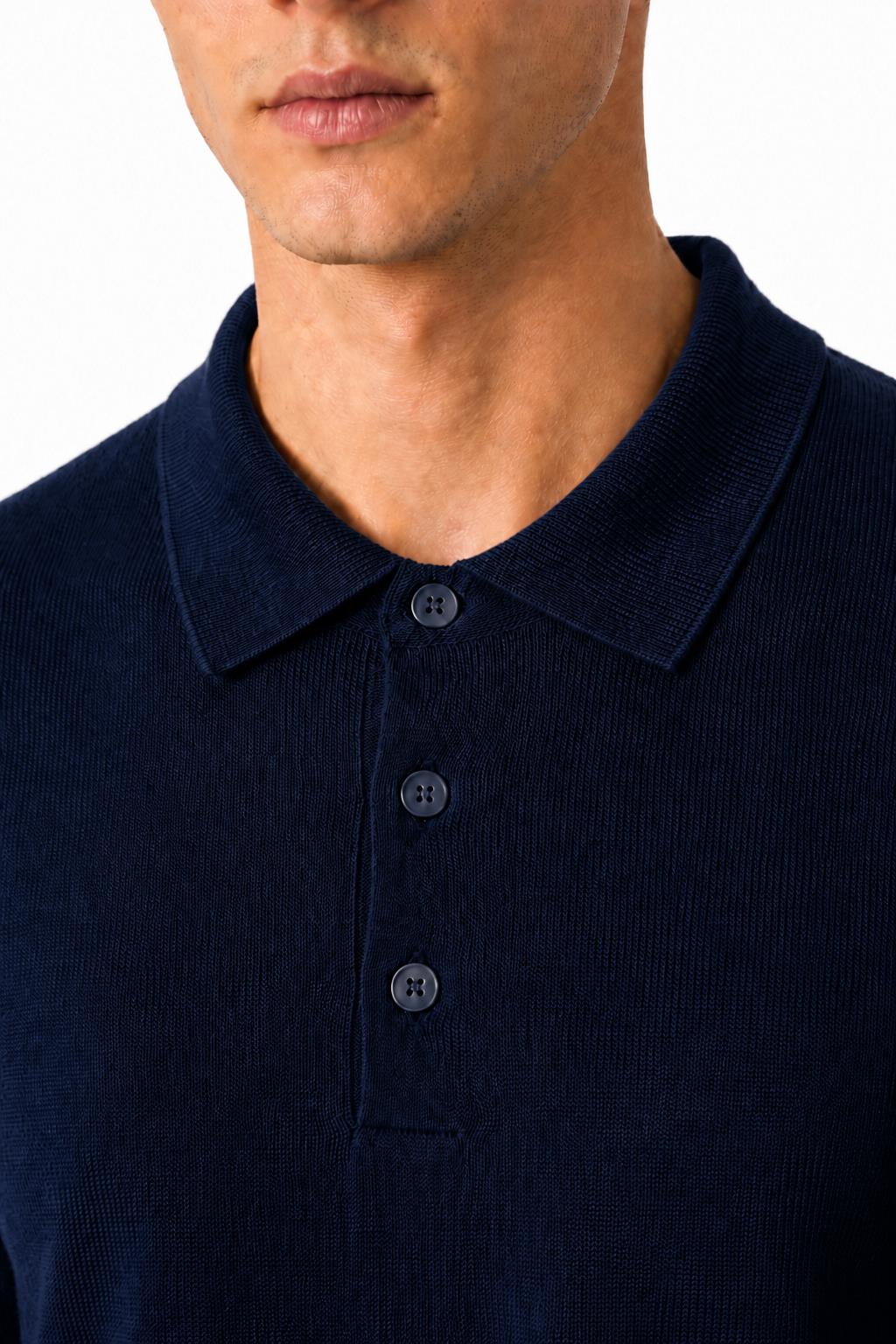 Men's Navy 100% Cotton Fine Knit Button Neck Polo Jumper
