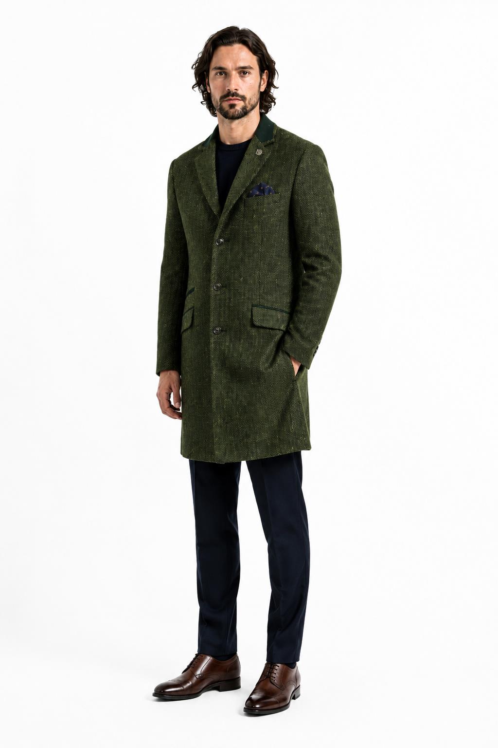 Men's Olive Green Herringbone Wool Blend Tailored Fit Overcoat