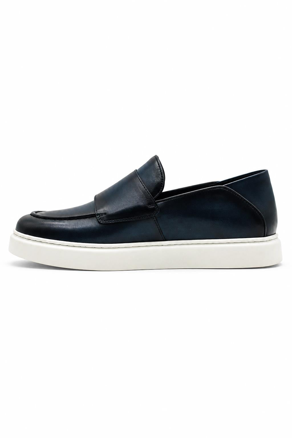 Men's Navy Blue Real Leather Double Monk Strap Trainers White Sole
