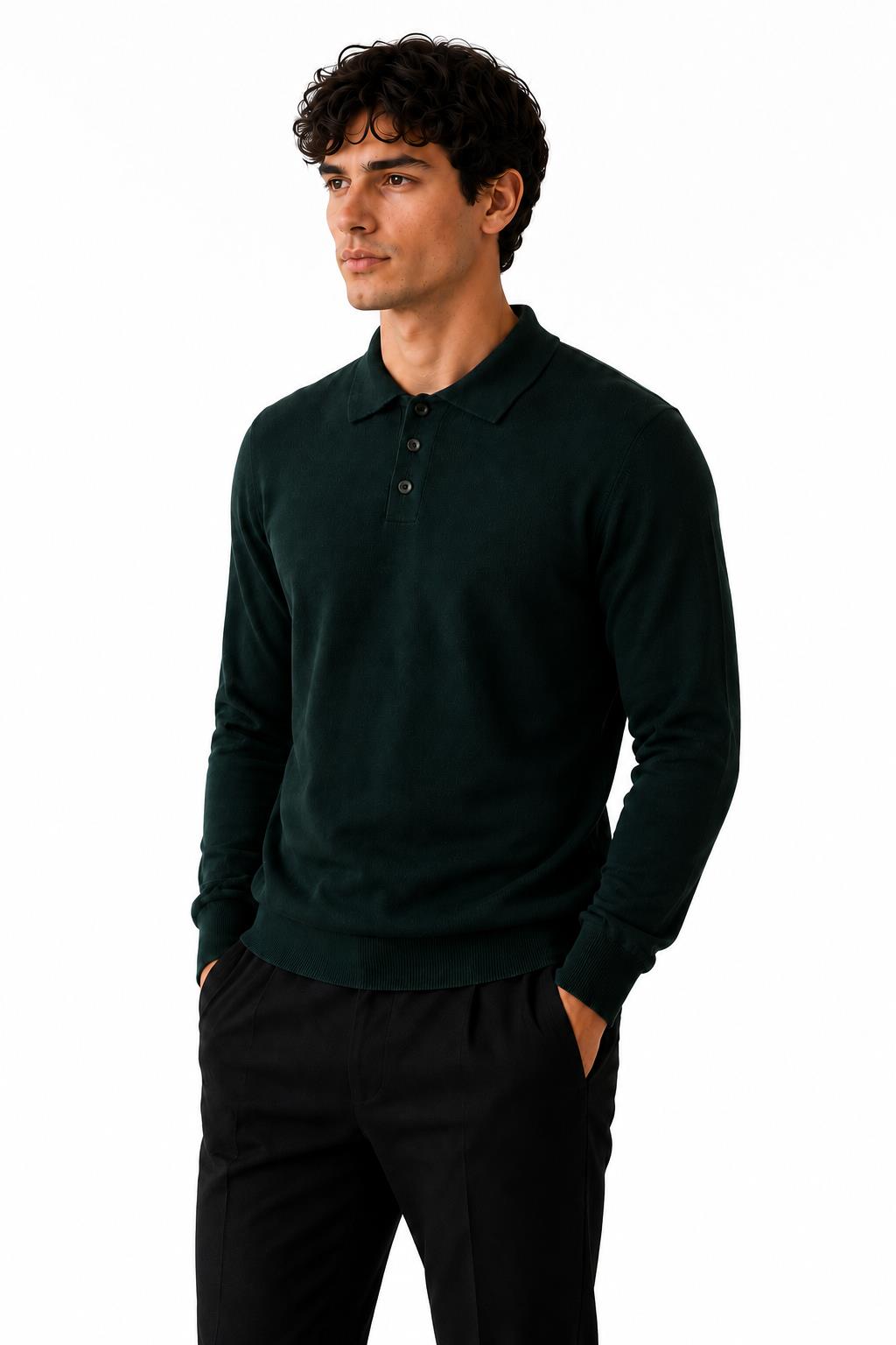 Men's Black 100% Cotton Fine Knit Button Neck Polo Jumper
